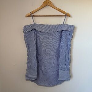 Guest Editor Blouse Women's SM Blue White Stripe Off Shoulder Preppy